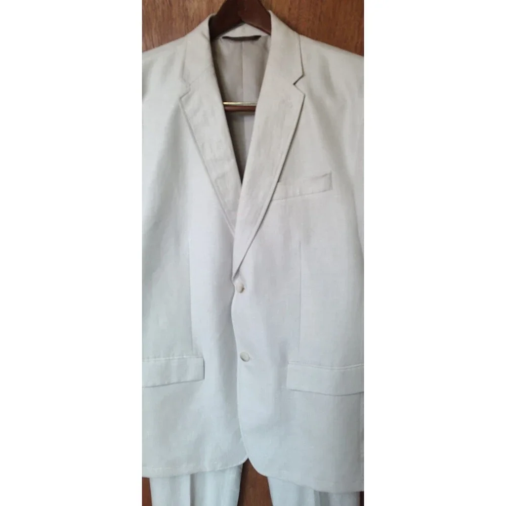 2-Piece Perry Ellis Classic Fit herringbone linen blend suit 44R 32x32 NWT pants